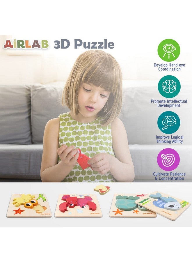 Airlab Wooden Puzzles For Toddlers Ocean Animals Montessori Toys Year Old Baby Girl Boy Gifts Educational Learning Bright Color Chunky Shape Puzzle Pack Of 4 - Image 5