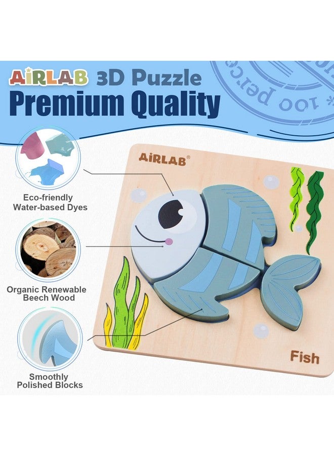 Airlab Wooden Puzzles For Toddlers Ocean Animals Montessori Toys Year Old Baby Girl Boy Gifts Educational Learning Bright Color Chunky Shape Puzzle Pack Of 4 - Image 3