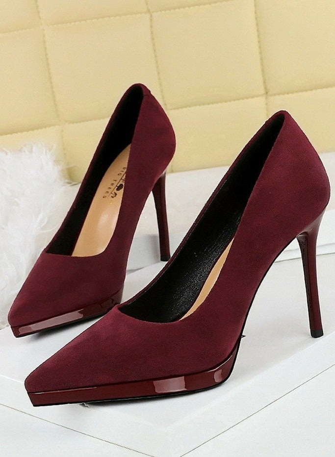 بيج تري المرأة مغلقة أشارت إصبع القدم الكعب العالي مضخات الحزب النبيذ الأحمر 10.5CM - Image 1