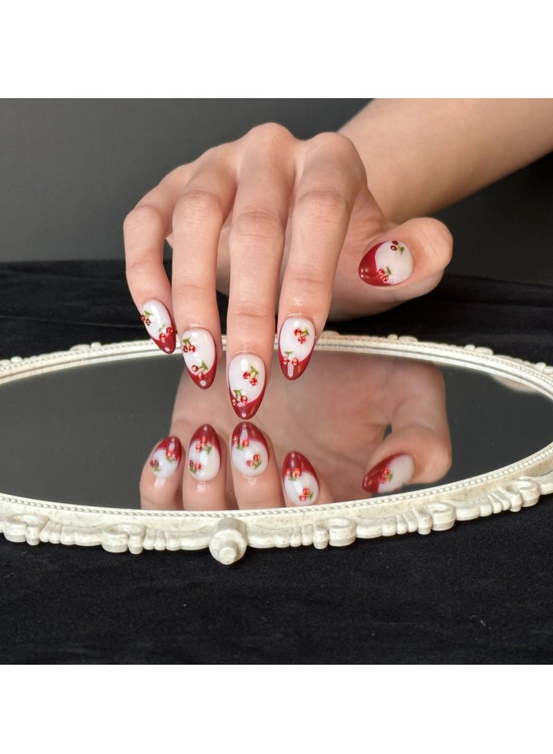 جوسكوين أظافر مضغوطة ، أظافر مزيفة 10 قطع ، أظافر مصنوعة يدويًا بالكامل مع حدود حمراء بأسلوب فرنسي مع طرف لوزي لطيف مزين بالكرز ، أظافر مزيفة مصنوعة يدويًا بشكل رائع وقابلة لإعادة الاستخدام للنساء. - Image 2