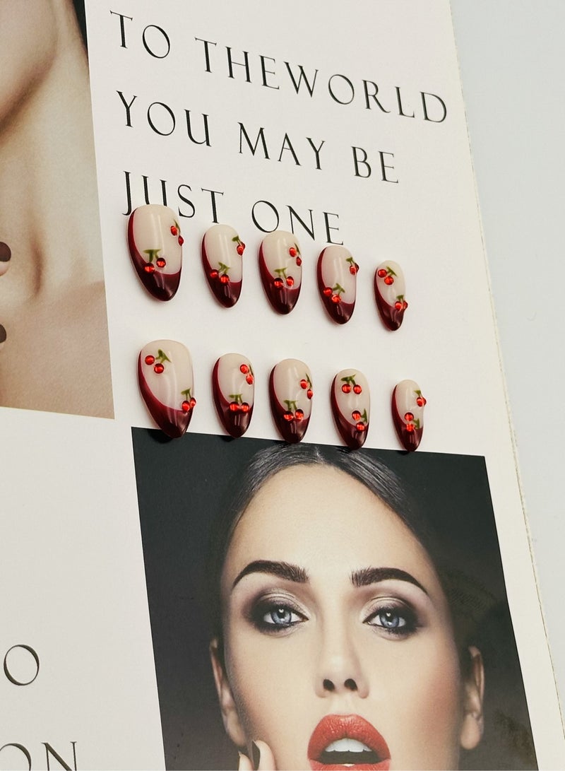 جوسكوين أظافر مضغوطة ، أظافر مزيفة 10 قطع ، أظافر مصنوعة يدويًا بالكامل مع حدود حمراء بأسلوب فرنسي مع طرف لوزي لطيف مزين بالكرز ، أظافر مزيفة مصنوعة يدويًا بشكل رائع وقابلة لإعادة الاستخدام للنساء. - Image 4