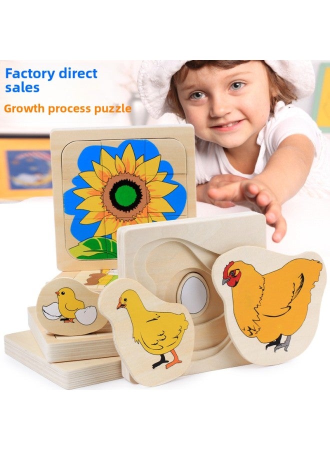 Hen erfly Sunflower Montessori Enlightenment Early Education Children Aged 1-3 Wooden Growth Process Multi-layer Puzzle-Color:Sunflower - Image 3