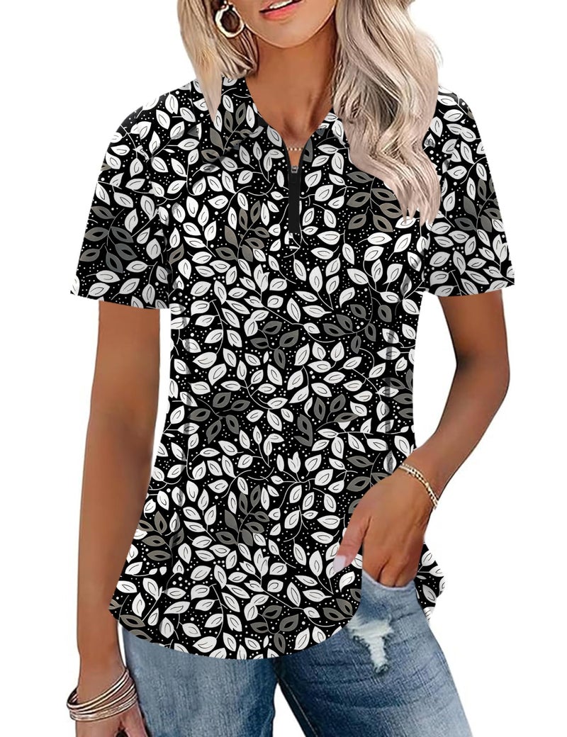 LUYAA Polo Shirts for Women Dry Fit Womens Golf Clothes Moisture Wicking Short Sleeve Tops 1/4 Zip Up Workout Tops for Women Black Leaf XL - Image 1