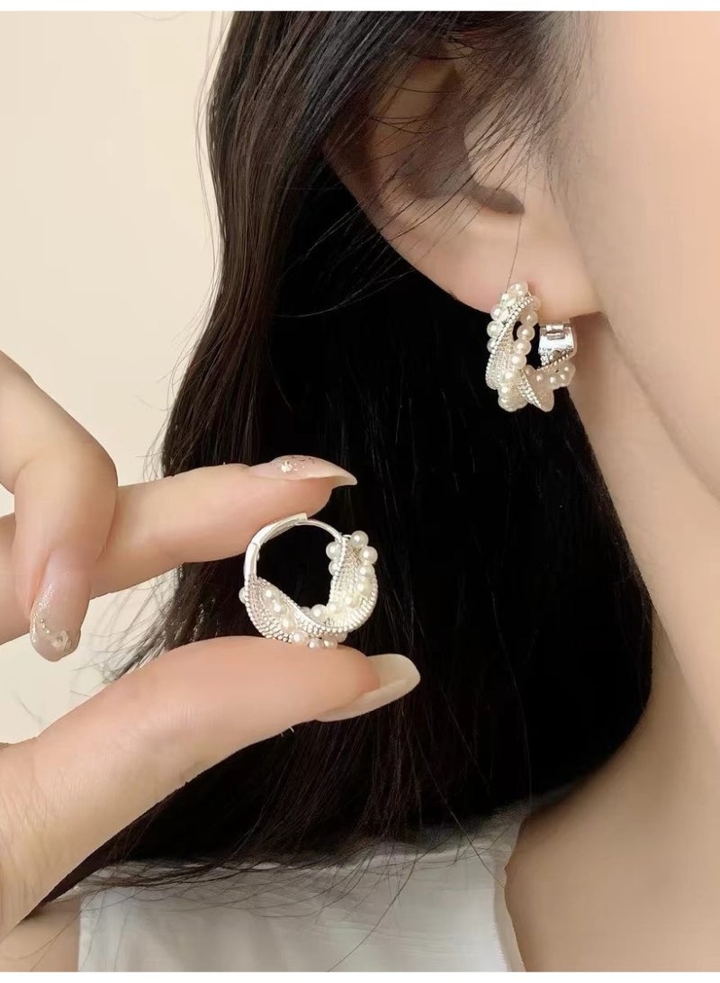French Vintage Mesh Textured Pearl Huggie Hoop Earrings, Silver Wrapped Faux Pearl Click Lock Ear Cuff Hoops, Elegant Minimalist Pearl Hoop Earrings for Women Wedding Party Daily Wear Jewelry Gift - Image 1