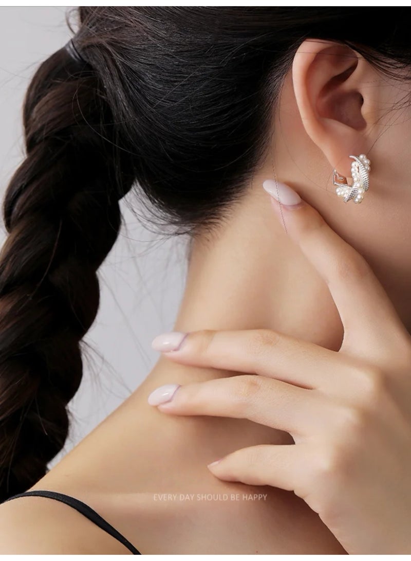 French Vintage Mesh Textured Pearl Huggie Hoop Earrings, Silver Wrapped Faux Pearl Click Lock Ear Cuff Hoops, Elegant Minimalist Pearl Hoop Earrings for Women Wedding Party Daily Wear Jewelry Gift - Image 5