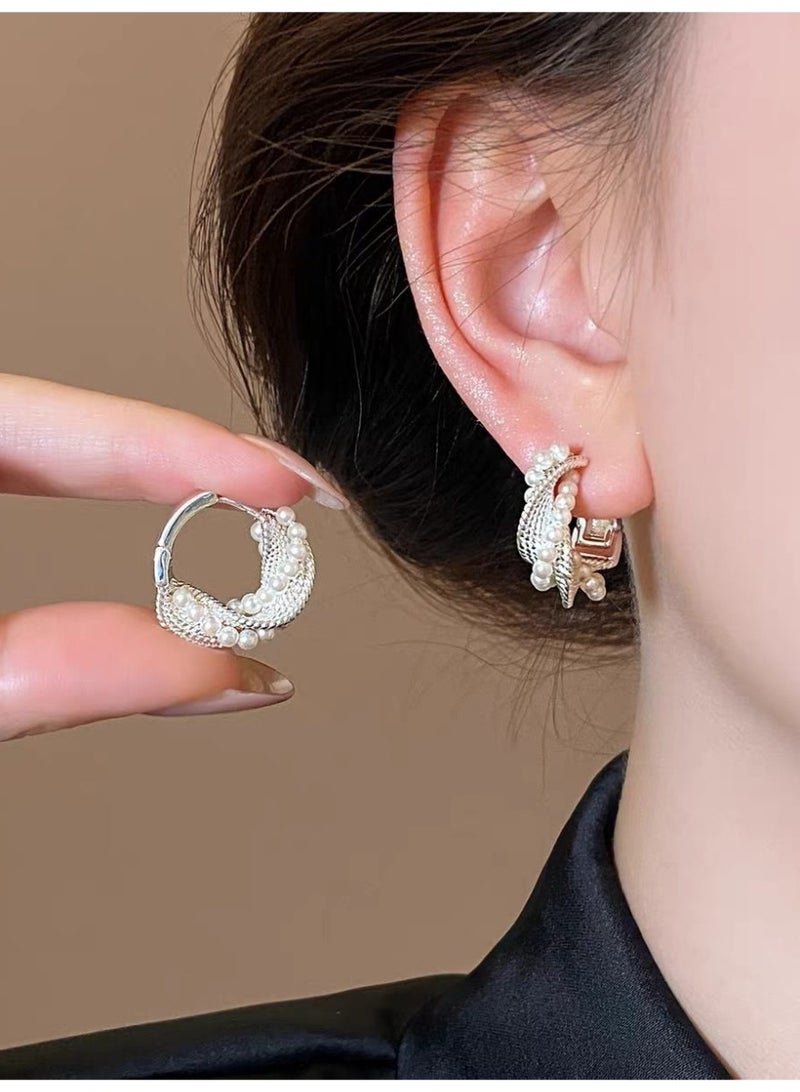 French Vintage Mesh Textured Pearl Huggie Hoop Earrings, Silver Wrapped Faux Pearl Click Lock Ear Cuff Hoops, Elegant Minimalist Pearl Hoop Earrings for Women Wedding Party Daily Wear Jewelry Gift - Image 3