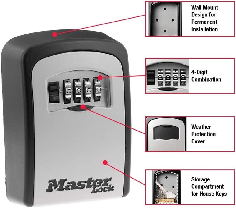 Master Lock صندوق قفل حائط قابل لتعيين تركيبة خاصة بك من ماستر لوك، سعة 5 مفاتيح، أسود 5401EC - Image 2