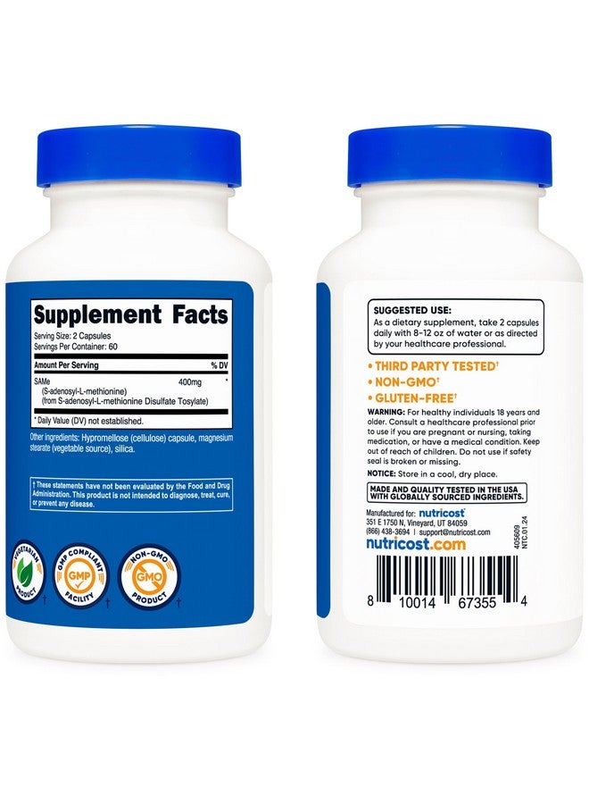 Nutricost SAM-e (S-Adenosyl-L-Methionine) 400mg Per Serving, 60 Servings, 200mg Per Capsule, 120 Capsules - Non-GMO, Gluten Free Same, Vegetarian - Image 4