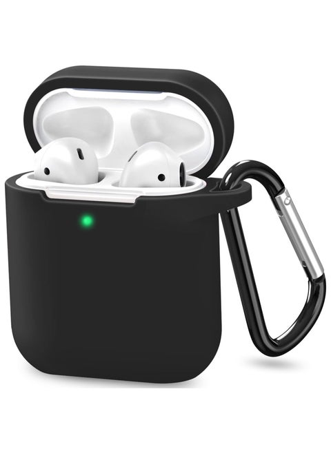 Compatible with AirPods Case Cover, Full Protective Soft Silicone Case Accessories with Keychain for Apple AirPods 1st 2nd Generation Charging Case, Front LED Visible, Black