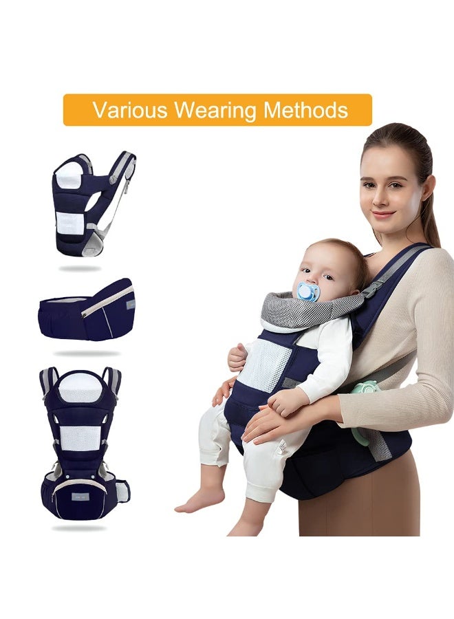 Baby Carrier 0-36 Months [Learn More About Use] Baby Carrier Under 25 kg with Multi-Position Seat, Head Rest and Hood, Pure Breathable and Lightweight Cotton, Dark Blue - Image 5