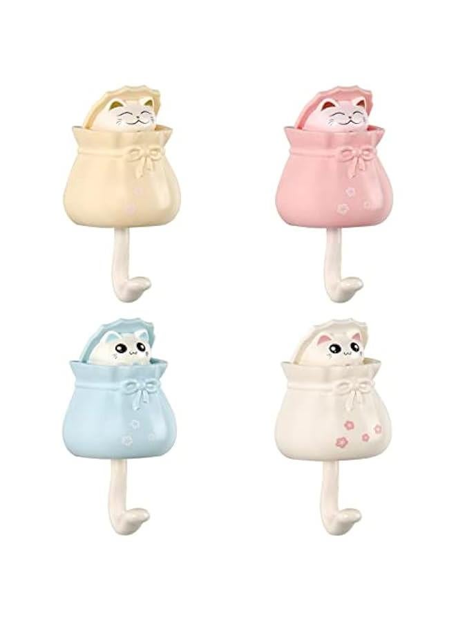 Set of 4 Adhesive Cat Key Holder Hooks for Cute Room Decor, Heavy Duty Wall Mounted Coat Hooks for Towel, Backpack, Hat, Scarf Hanging Decor.  - Image 1