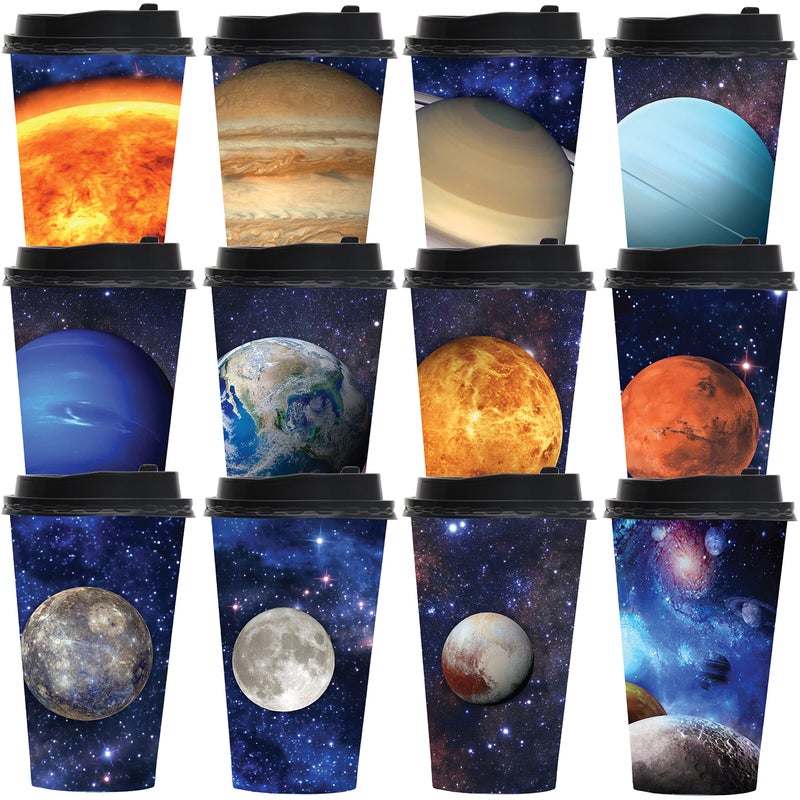 Youngever 72 Sets Disposable Coffee Cups with Lids To Go Hot Coffee Cups Durable Paper Cups with Lids Planet Theme Design