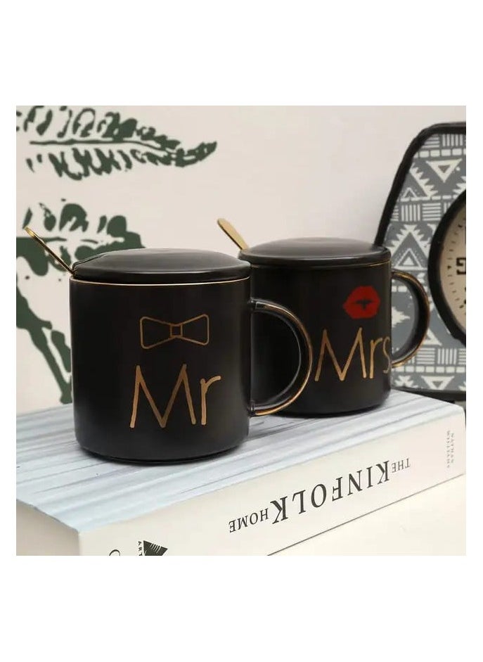 DANEEN Mr and Mrs Coffee Mug, ceramic marble coffee/tea Cupp with lid, Spoon set, personalized gift set for Couple, Parents, Wedding Gift, Bridal, Engagement (14oz) (Black/Black)  - Image 5