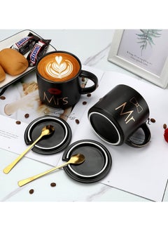 DANEEN Mr and Mrs Coffee Mug, ceramic marble coffee/tea Cupp with lid, Spoon set, personalized gift set for Couple, Parents, Wedding Gift, Bridal, Engagement (14oz) (Black/Black)  - Image 2