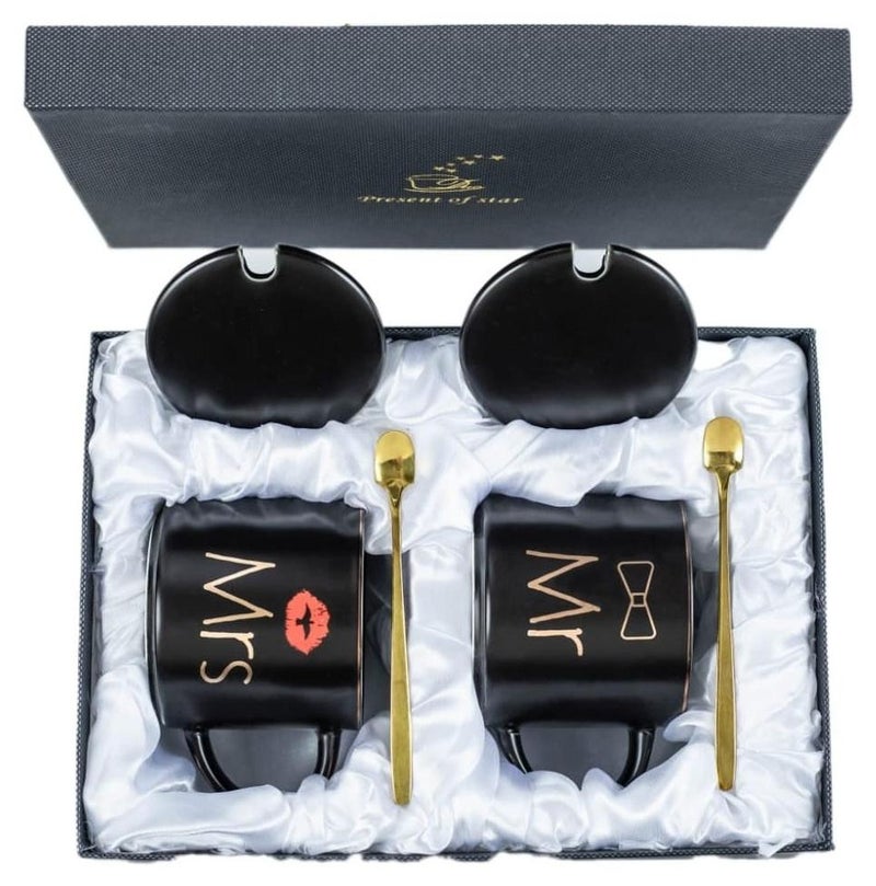 DANEEN Mr and Mrs Coffee Mug, ceramic marble coffee/tea Cupp with lid, Spoon set, personalized gift set for Couple, Parents, Wedding Gift, Bridal, Engagement (14oz) (Black/Black) - Image 1