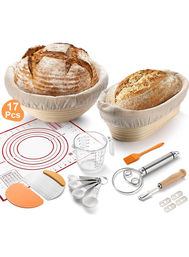 AirYoung 17Pcs Bread Proofing Basket, Bread Making Kit , Sourdough Bread Baking Supplies, Proofing Bowls for Sourdough Bread, Sourdough Starter Kit, 10 inch Oval & 9 inch Round Basket - Image 1