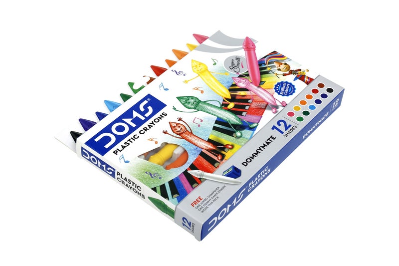 Doms 12 Shades Dommymate Plastic Crayons | Can Be Erased & Sharped | Keep Fingers Clean & Non Messy | Free Sharpner & Eraser Inside | Bright & Vibrant Colors | Pack of 1 - Image 2