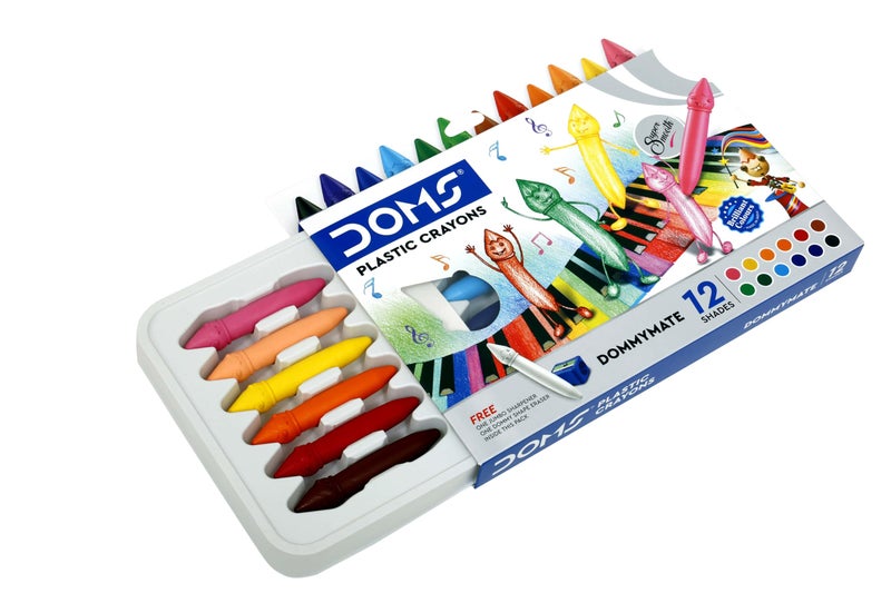 Doms 12 Shades Dommymate Plastic Crayons | Can Be Erased & Sharped | Keep Fingers Clean & Non Messy | Free Sharpner & Eraser Inside | Bright & Vibrant Colors | Pack of 1 - Image 5