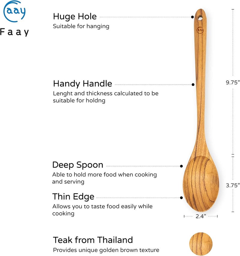 FAAY 13.5" Teak Cooking Spoon, Wooden Spoon, Mixing Spoon Handcraft from Teak | Healthy and High Moist Resistance for Non Stick Cookware - Image 3