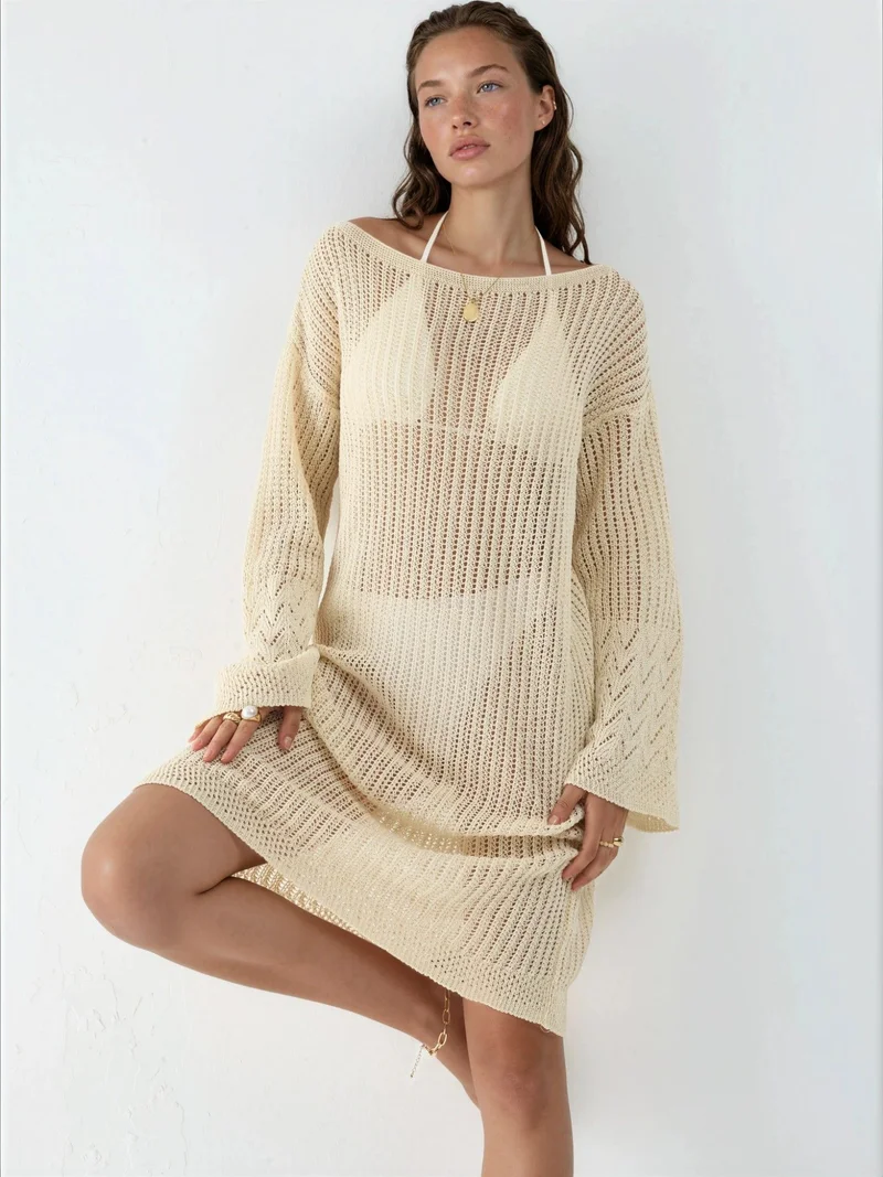 هيكاب 100% Cotton Midi Knitwear Beach Dress