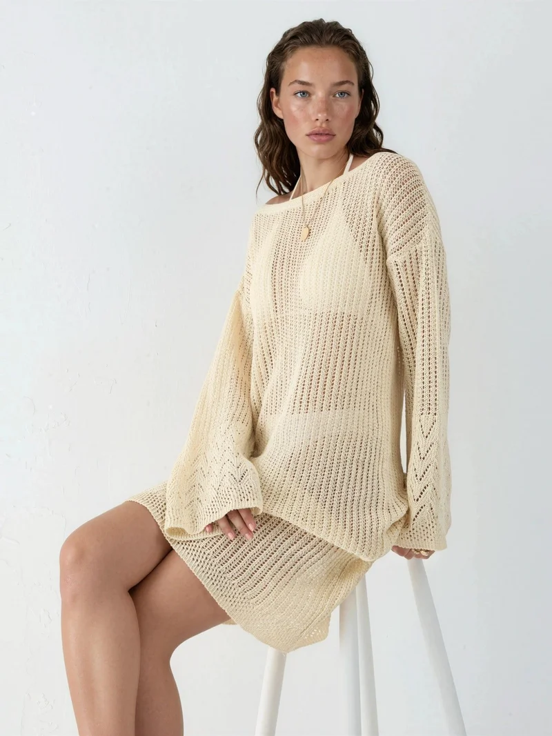 HICCUP Natural 100% Cotton Midi Knitwear Beach Dress for Women | Best Price UAE