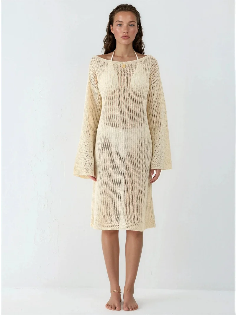 HICCUP Natural 100% Cotton Midi Knitwear Beach Dress for Women | Best Price UAE