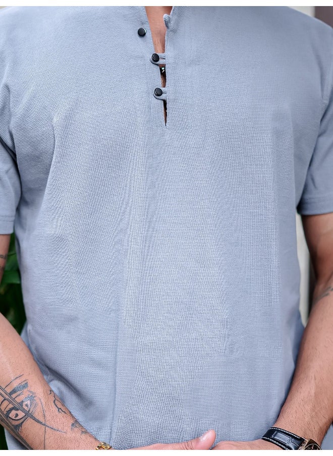 Maniac Maniac Men Solid Henley Neck Half Sleeve Light Grey Cotton Slim T-Shirt  - Image 5