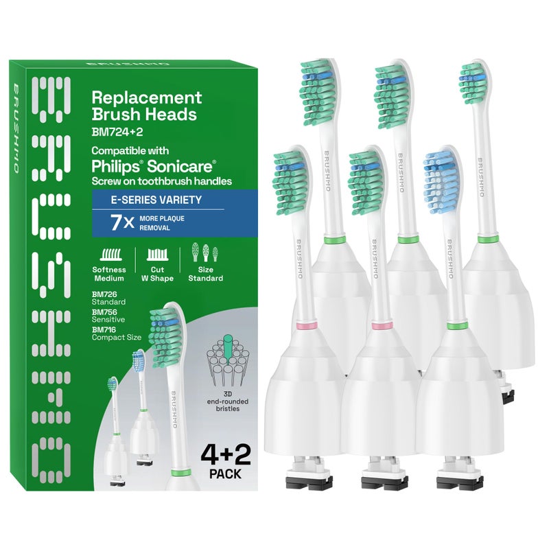 Brushmo e-Series Variety Replacement Toothbrush Heads, Compatible with Philips Sonicare Screw-on Toothbrush Handles, 6 Variety Heads (Standard, Compact & Sensitive), Dupont Bristles, BM724+2, White - Image 1