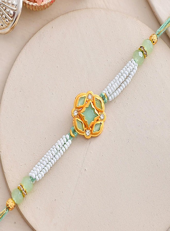 VOYLLA White Pearls And Green Beads Mens Rakhi For Brother|Pack Of 1|Rakhi Special| - Image 2