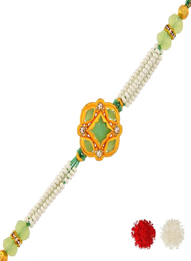 VOYLLA White Pearls And Green Beads Mens Rakhi For Brother|Pack Of 1|Rakhi Special| - Image 1