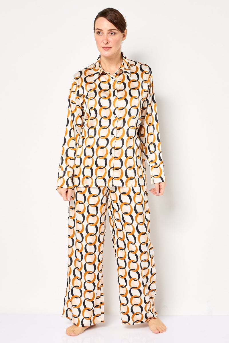 bebe Women 2 Pieces Allover Print Long Sleeve Nightwear Set, Multicolor - Image 1