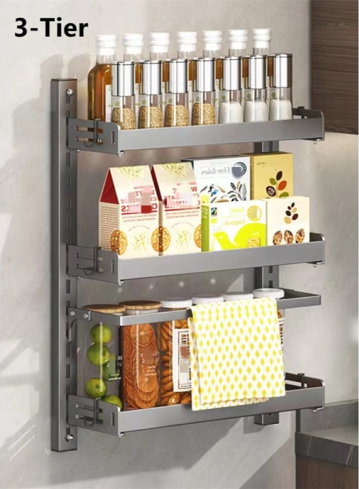 Kutis 1-Piece Multifunctional Kitchen Spice Rack Organizer Wall Mounted Storage Rack and Hooks Towel Rack Grey 32x16x65 Centimeter  - Image 1