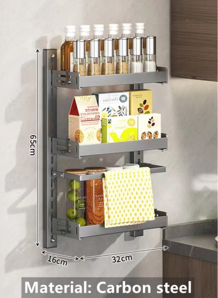 Kutis 1-Piece Multifunctional Kitchen Spice Rack Organizer Wall Mounted Storage Rack and Hooks Towel Rack Grey 32x16x65 Centimeter  - Image 5