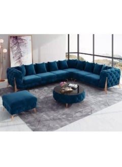 Maharat Al Bahar Golden-Legged L-Shaped Chesterfield Velvet Sofa Set: Luxury Traditional Living Room Blue 320x190x80  - Image 1