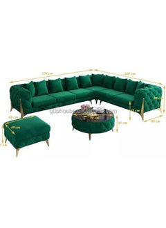 Maharat Al Bahar Golden-Legged L-Shaped Chesterfield Velvet Sofa Set: Luxury Traditional Living Room Blue 320x190x80  - Image 2