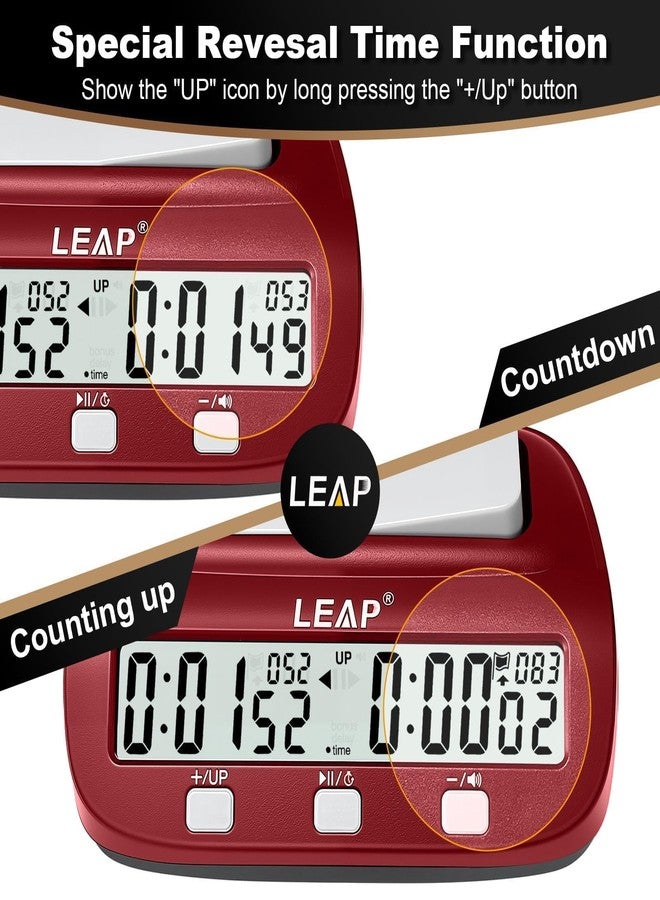 LEAP Chess Clock Digital Chess Timer Professional for Board Games Count Up/Down Timer with Alarm,Bonus and Delay Features, Easy to Setup (Red/Black) - Image 2