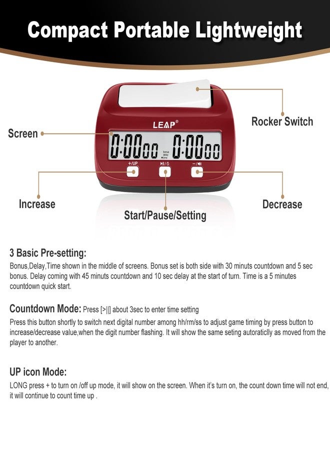 LEAP Chess Clock Digital Chess Timer Professional for Board Games Count Up/Down Timer with Alarm,Bonus and Delay Features, Easy to Setup (Red/Black) - Image 3