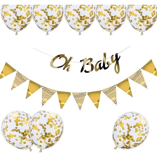 TOYXE Ultimate Gold Oh Baby Paper Banner with Paper Buntings and Confetti Balloons Set of 10 Pcs - Image 1