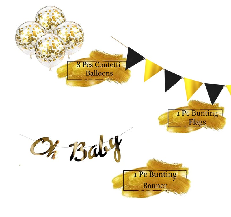 TOYXE Ultimate Gold Oh Baby Paper Banner with Paper Buntings and Confetti Balloons Set of 10 Pcs - Image 2