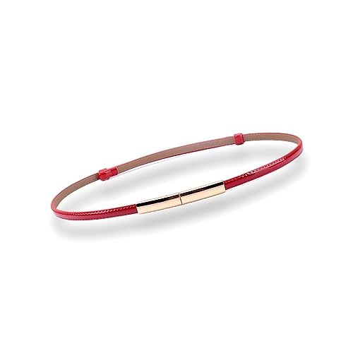 CaserBay Women's Belt Dress Fashion Patent Leather Belts Adjustable 22"- 36" Skinny Slim Belt Genuine Leather Gold Color Buckle Waistband, Red - Image 1