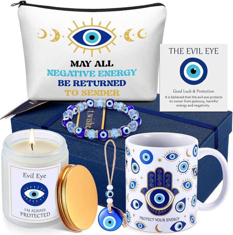 Skylety مجموعة سكايليتي 8 قطع من عين الشر للنساء والرجال هدية مجوهرات عين الشر حماية كوب شمعة عطرية قلادة حقيبة مكياج سوار بطاقة حظ مع صندوق من عشب الرفي