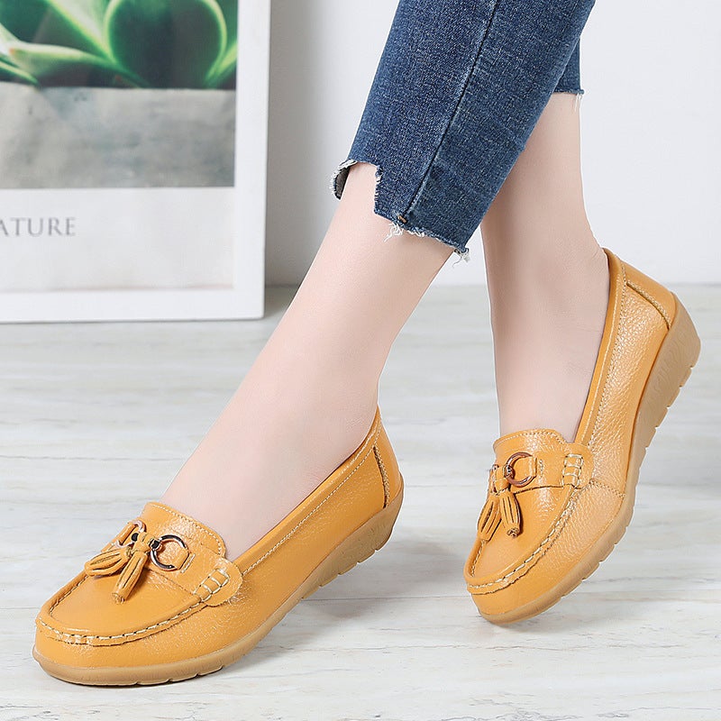 2021 spring new leather shoes middle-aged and elderly mother shoes women's single shoes beanie shoes women's real soft bottom wedge heel Winered 40 - Image 4