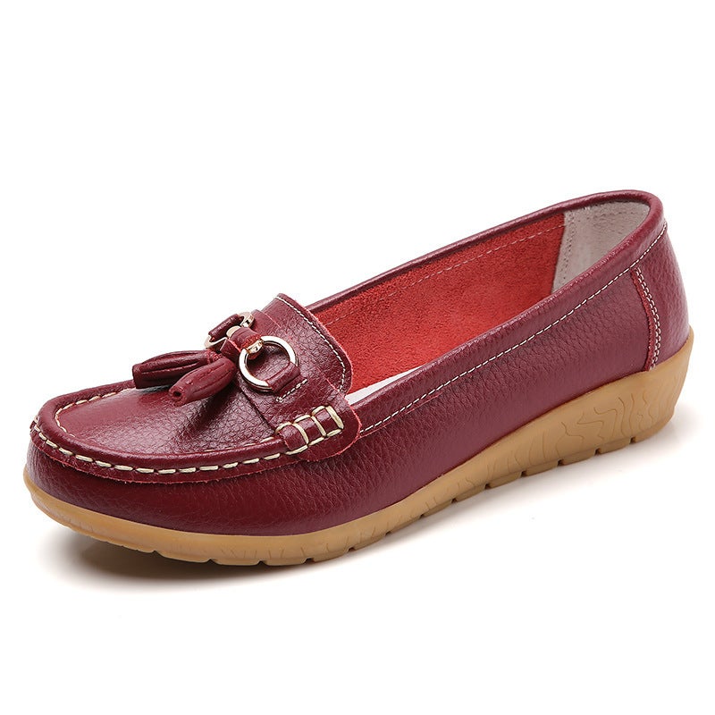 2021 spring new leather shoes middle-aged and elderly mother shoes women's single shoes beanie shoes women's real soft bottom wedge heel Winered 40 - Image 1