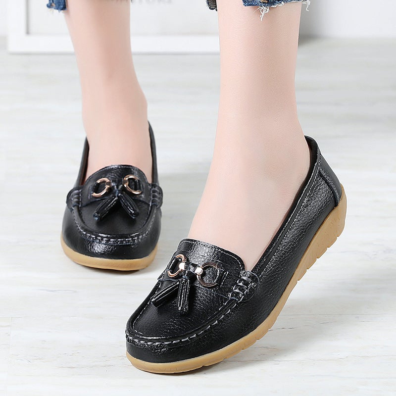 2021 spring new leather shoes middle-aged and elderly mother shoes women's single shoes beanie shoes women's real soft bottom wedge heel Winered 40 - Image 5