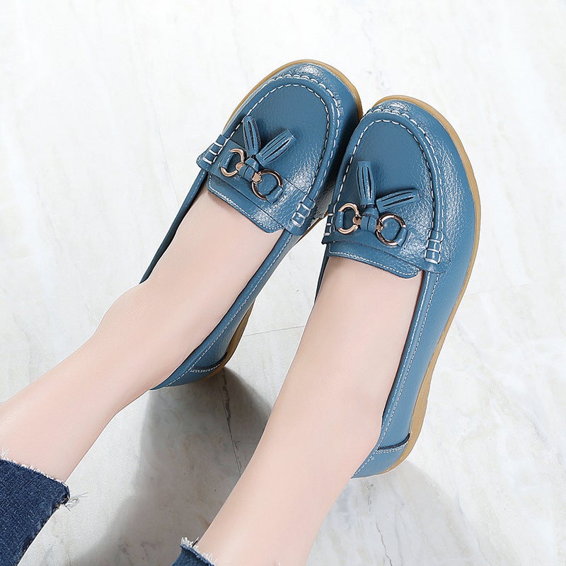 2021 spring new leather shoes middle-aged and elderly mother shoes women's single shoes beanie shoes women's real soft bottom wedge heel Winered 40 - Image 2