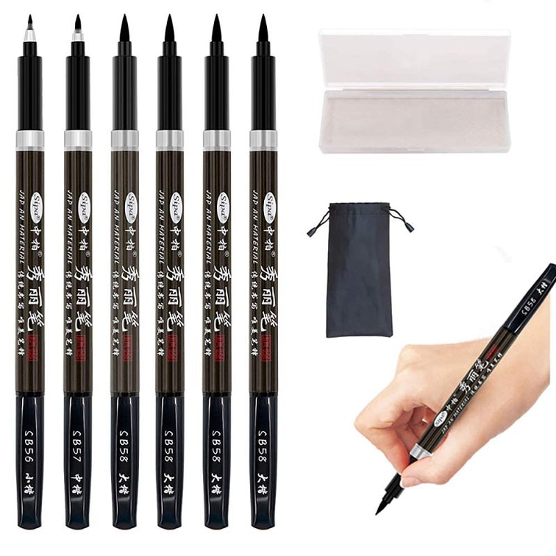 Rilanmit Calligraphy Pens Set for Beginners, Hand Lettering Pens Brush Drawing Markers Kits Chinese Japenese Pens Black Ink for Journaling, Writing, Art Drawing, 3 Size(Pack of 6) - Image 1