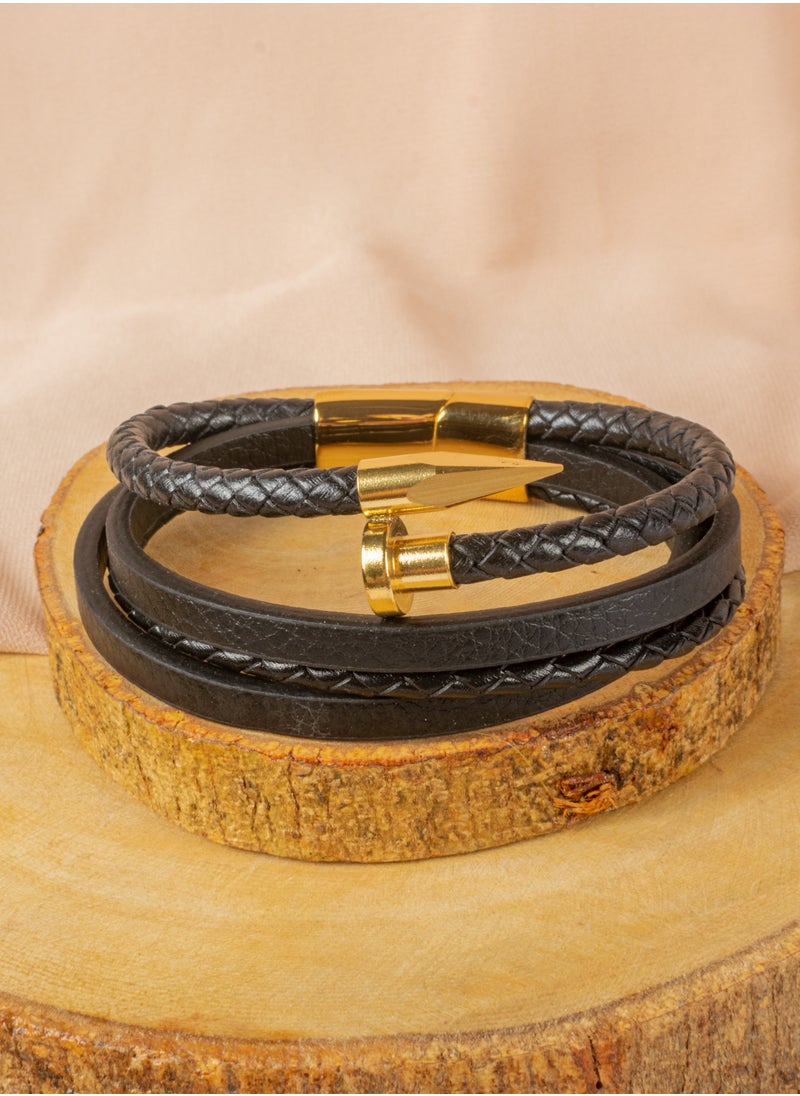 The Black Pearl Accessories - Stainless Steel Leather Bracelet Golden Nail Shape For Him - Image 1