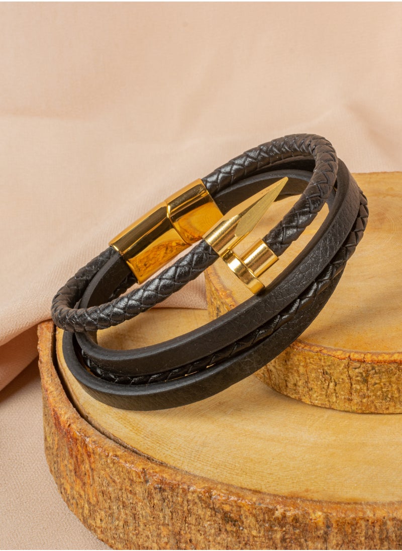 The Black Pearl Accessories - Stainless Steel Leather Bracelet Golden Nail Shape For Him - Image 1
