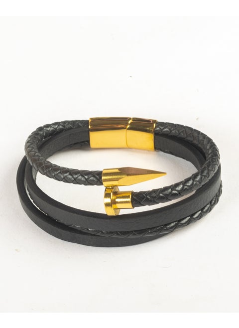 Stainless Steel Leather Bracelet Golden Nail Shape For Him
