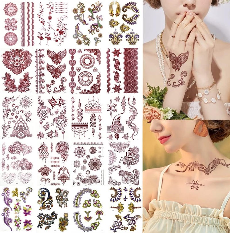 XMASIR 20 Sheets Brown Red Tattoos Stickers Lace Colorful Tattoo Flash Fake flower Tattoo Waterproof Temporary Tattoo Stickers for Women Girls Body Art